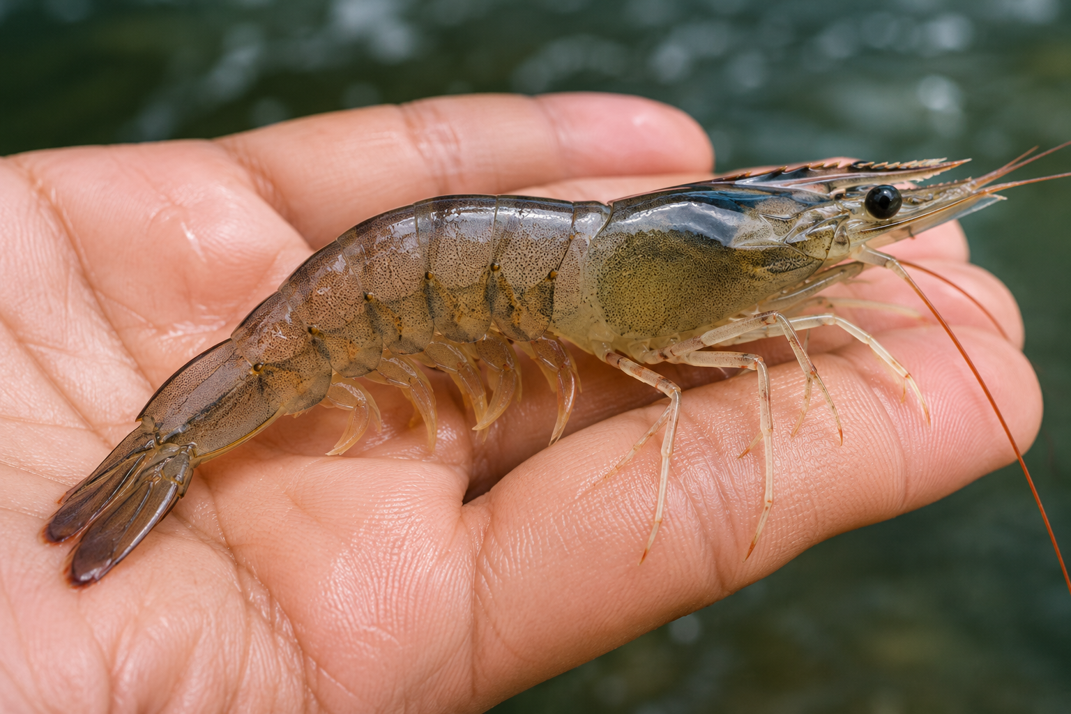 Farmed shrimp being inspected for environmental stress