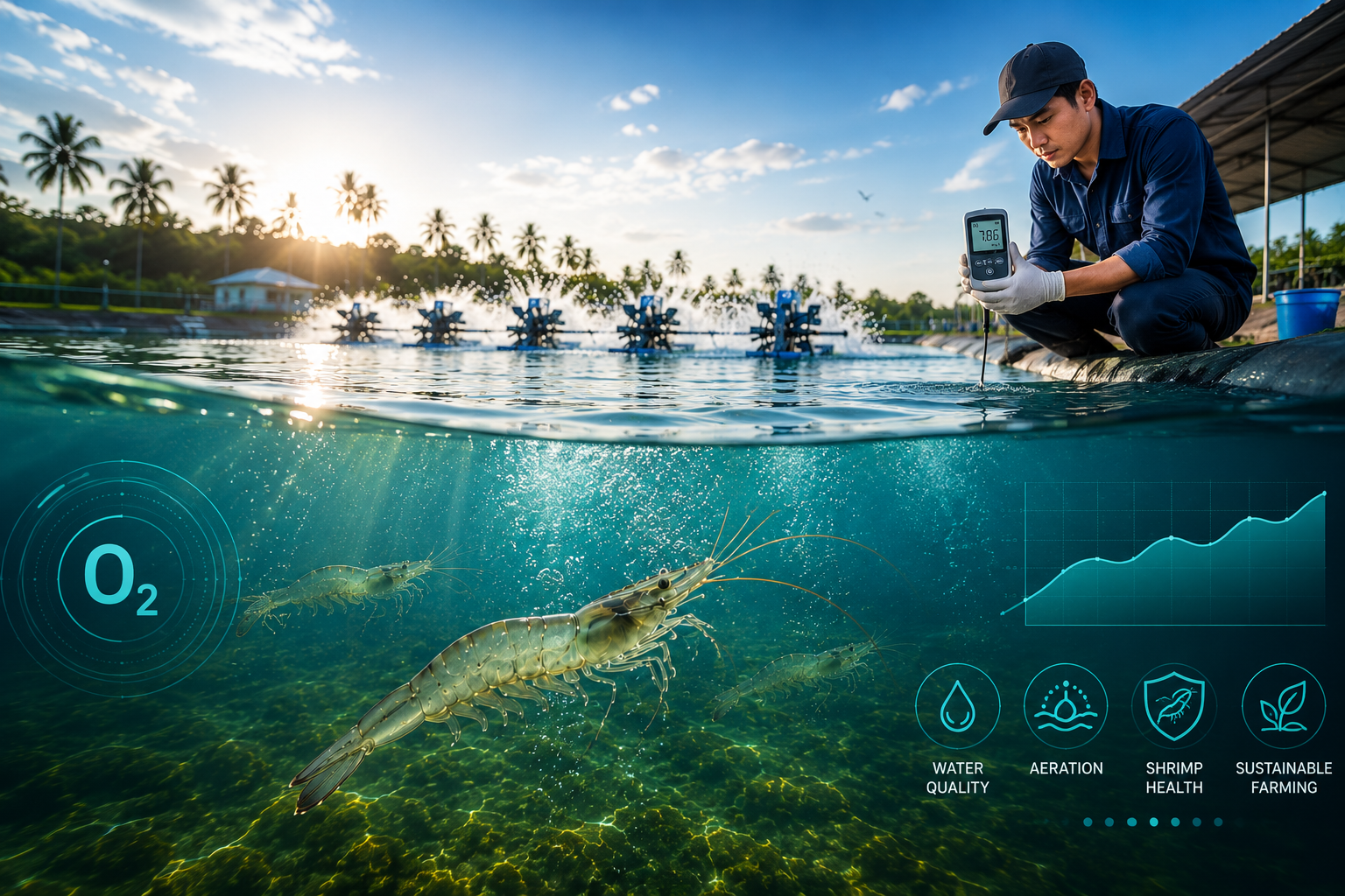 Aquaculture technician testing pH and water chemistry beside a commercial shrimp pond