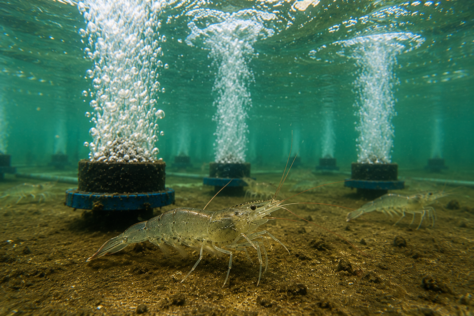 Aquaculture technician testing water-quality parameters in a commercial shrimp pond
