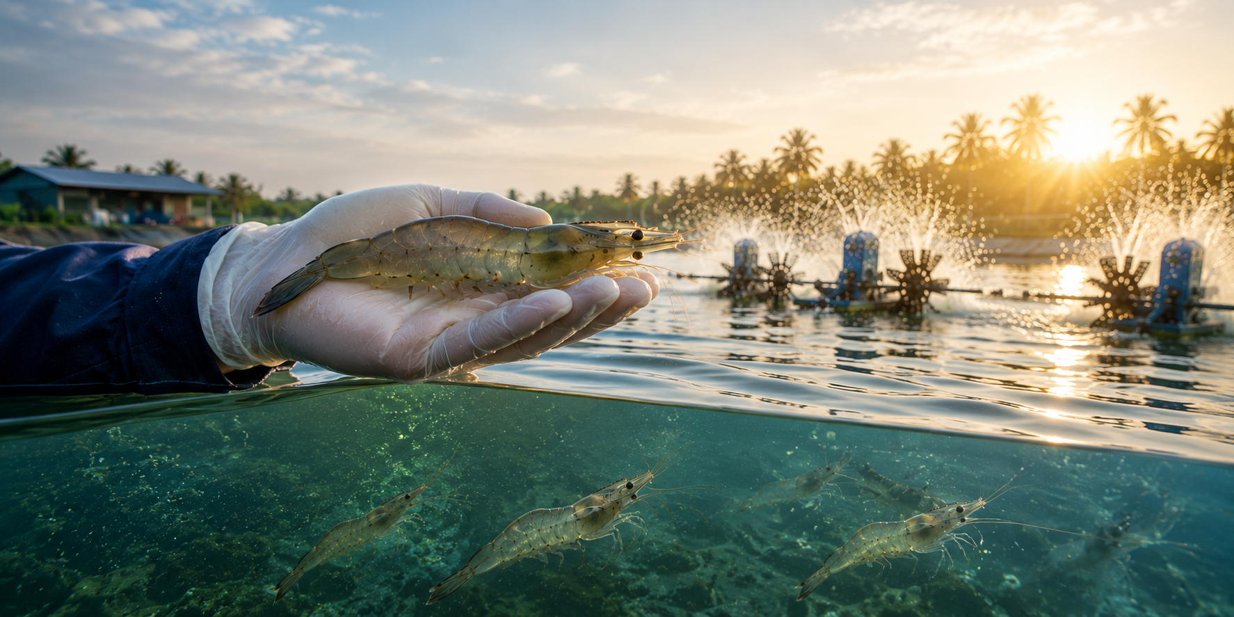 Farmed shrimp being observed in a commercial shrimp pond for early signs of stress